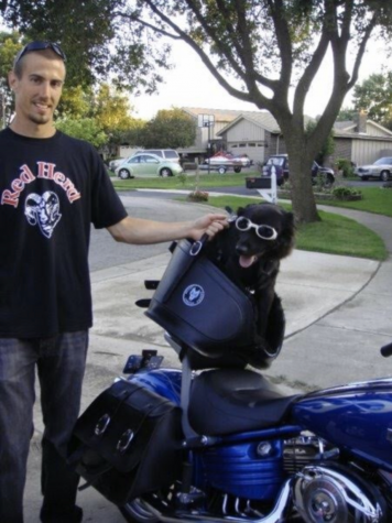 Mr. Sabol and his dog Harley pose in front of their motorcycle. 