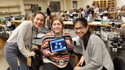 Grace Iovinelli, Gabrielle Spontak, and Kaitlin Klasen study zebrafish embryos using the confocal microscope. As part of their learning experience, they time-lapsed the embryo development to look at the anatomy of marine invertebrates. 