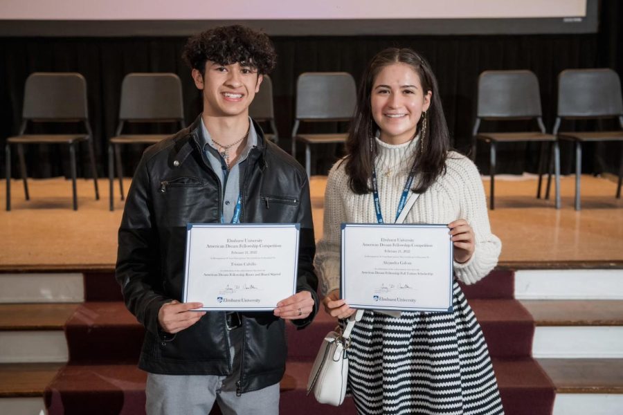 Alejandra Galvan, right, and Tristan Calvillo, left, pose for pictures after the American Dream Fellowship Competition awards ceremony on February 21. She won first place and he won second.

