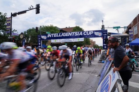 Women cyclists race on St. Charles Road on July 26 in Lombard. 