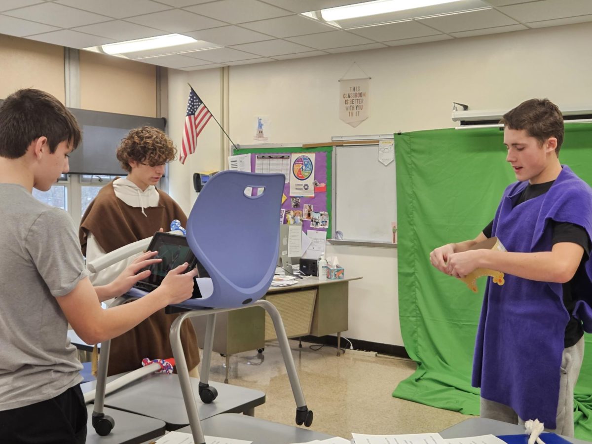 Ram Time allows students to choose where they want to go. These three sophomores chose to work on their assignment: filming a scene from Macbeth for their English 2 Honors class. 